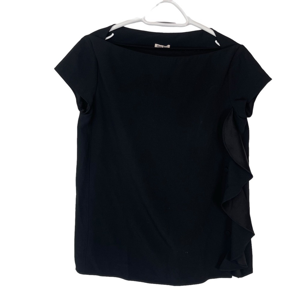 Miu Miu Black Ruffle-Detail Cap Sleeve Blouse